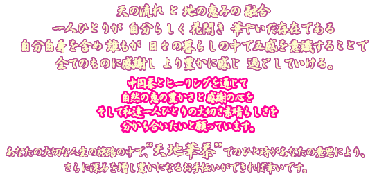 天の流れと地の恵みの融合 一人ひとりが自分らしく花開き華やいだ存在である自分自身を含め誰もが日々の暮らしの中で五感を意識することで 全てのものに感謝しより豊かに感じ過ごしていける。中国茶とヒーリングを通じて自然の恵の豊かさと感謝の心を そして私達一人ひとりの大切さ素晴らしさを 分かち合いたいと願っています。  あなたの大切な人生の旅路の中で、“天地華茶”でのひと時があなたの意思により、さらに深みを増し豊かになるお手伝いができれば幸いです。